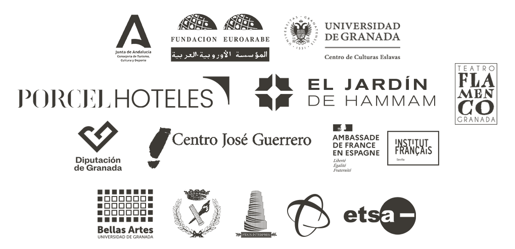 Junta de Andalucía, Consejería de Turismo, Cultura y Deporte - Fundación Euroárabe -  Centro Culturas Eslavas UGR - Hoteles Porcel -El Jardín del Hamman - Teatro Flamenco Granada - Diputación de Granada - Centro José Guerrero -Institut Français - Facultad de Bellas Artes UGR - Facultad de Filosofía y Letras UGR - Facultad de Traducción e Interpretación UGR  -  Facultad de Ciencias UGR - Escuela Técnica de Arquitectura